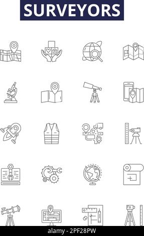 Surveyors line vector icons and signs. Mapping, Geologists, Survey, Measurement, Surveying, Geomatics, Civil, Cartography outline vector illustration Stock Vector