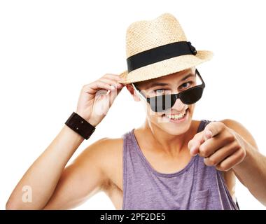 How YOU doing. Studio portrait of a young man dressed casually and pointing to the camera in a friendly manner. Stock Photo