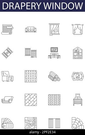 Drapery window line vector icons and signs. drapes, shades, blinds, swags, valance, rods, panels, shutters outline vector illustration set Stock Vector