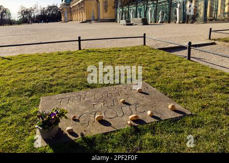 Grave Friedrich II at Sanssouci Palace with potatoes on the tombstone, Potsdam March 16 2023 Stock Photo