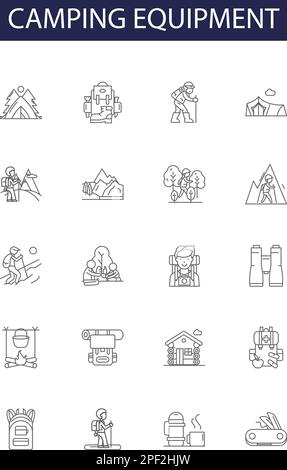Camping equipment line vector icons and signs. Sleeping bag, Mat, Backpack, Camping stove, Lantern, Flashlight, Axe, Knife outline vector illustration Stock Vector