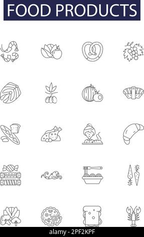 Food products line vector icons and signs. Dairy, Confection, Meats, Beverages, Grains, Frozen, Snacks, Oil outline vector illustration set Stock Vector