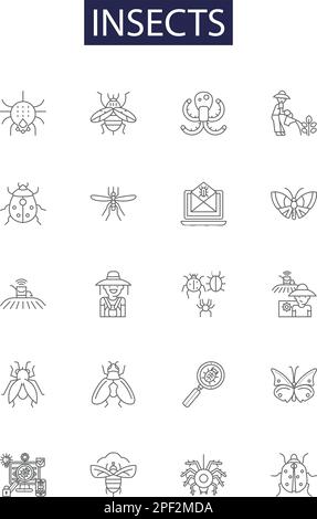 Insects line vector icons and signs. Flies, Ants, Wasps, Moths, Bees, Spiders, Mosquitoes, Crickets outline vector illustration set Stock Vector