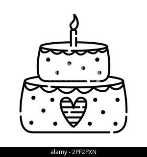 Cake with a candle, vector black line illustration Stock Vector