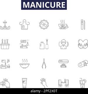 Manicure line vector icons and signs. Cuticle, Polish, File, Trim, Buffer, Clean, Soak, Clippers outline vector illustration set Stock Vector
