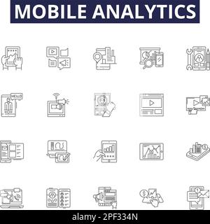 Mobile analytics line vector icons and signs. Analytics, Tracking, , Metrics, User, Usage, Data, App outline vector illustration set Stock Vector