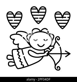 Black line flying cupid with bow and arrow in his hands. And also there are confetti hearts with rainbow above the angel Stock Vector