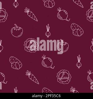 Ukrainian borsch. Necessary ingredients, vegetables for this dish. Seamless pattern in burgundy color Stock Vector