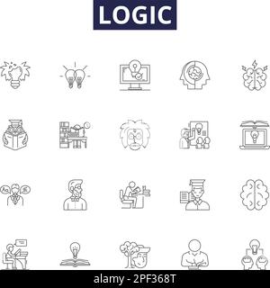 Logic line vector icons and signs. Reason, Deduction, Inference, Induction, Rationality, Consistency, Analysis, Validity outline vector illustration Stock Vector