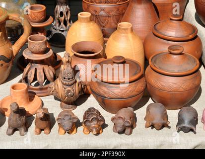 A variety of pottery made by folk craftsmen from clay. Stock Photo
