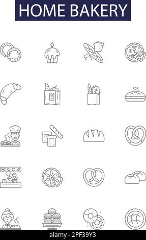 Home bakery line vector icons and signs. Home, Homemade, Cakes, Bread, Cookies, Pastry, Pies, Confections outline vector illustration set Stock Vector