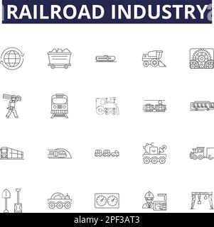 Railroad industry line vector icons and signs. Railroad, Tracks, Locomotive, Train, Coal, Rolling-stock, Transport, Cargo outline vector illustration Stock Vector