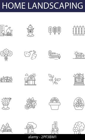Home landscaping line vector icons and signs. Home, Garden, Design, Planting, Turf, Paths, Patio, Hardscaping outline vector illustration set Stock Vector