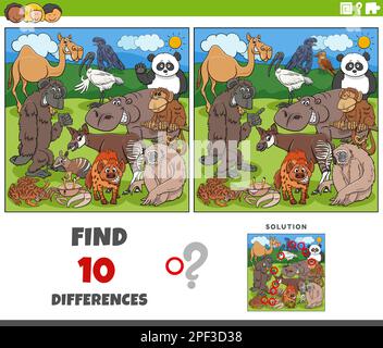 Cartoon illustration of finding the differences between pictures educational game with comic wild animal characters Stock Vector