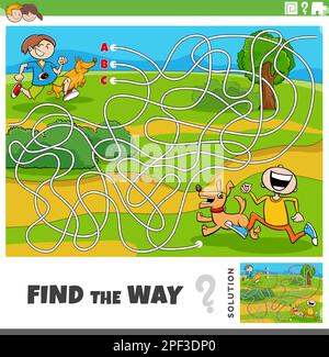 Cartoon illustration of find the way maze puzzle game with funny boys with their dogs Stock Vector