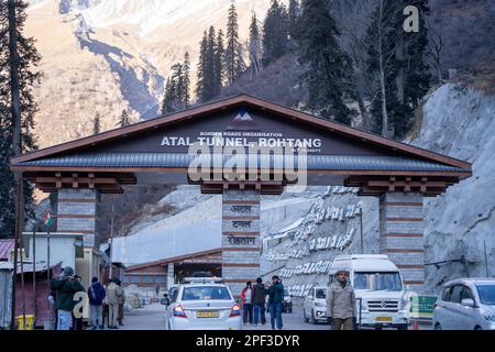 South portal of worlds longest high altitude tunnel the atal tunnel connecting manali to lahaul maintained by border roads organization Stock Photo