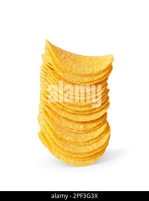 Potato chips of a beautiful identical shape are stacked in a slide on a white background close-up. Junk food, beer snacks. Stock Photo