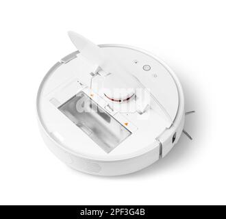 Open smart robot vacuum cleaner with a trash container on a white background. Stock Photo