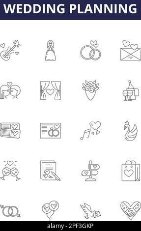 Wedding planning line vector icons and signs. Invitations, Vendors, Venue, Catering, Dress, Decor, Music, Photography outline vector illustration set Stock Vector