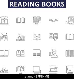 Reading books line vector icons and signs. Books, Novels, Literature, Stories, Texts, Magazines, Scripts, Non-Fiction outline vector illustration set Stock Vector