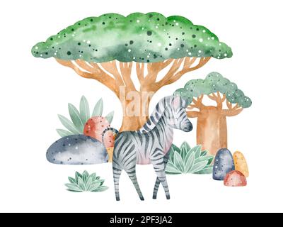 Set of watercolor illustrations of savannah animals in nature. Children's illustration of animals on a white background. Drawn by hand. Stock Photo