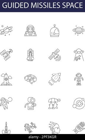 Guided missiles space line vector icons and signs. science, guided, technology, travel, rocket, missile, flight,exploration outline vector Stock Vector