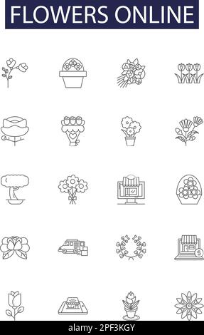 Flowers online line vector icons and signs. Blooms, Bouquet, Petals, Botanicals, Delivery, Garden, Rose, Online outline vector illustration set Stock Vector