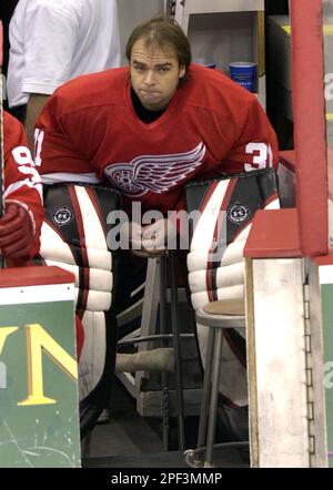 Detroit Red Wings goalie Curtis Joseph makes a save during second period NHL  playoff action against the Calgary Flames in Calgary Monday, May 3, 2004.  (AP Photo/Jeff McIntosh Stock Photo - Alamy