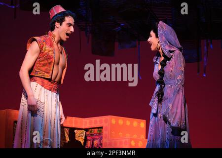 Madrid, Spain. 16th Mar, 2023. Actors during the graphic pass of the musical 'Aladdin', at the Teatro Coliseum de Madrid, on 16 March, 2023 in Madrid, Spain. The musical is based on the Disney film and produced by Stage Entertainment. The production features 84 special effects, costumes made with more than 8600 Swarovski crystals and exotic fabrics from up to 9 countries, as well as a team of more than 140 professionals for each performance. The premiere is March 24. (Photo by Oscar Gonzalez/NurPhoto) Credit: NurPhoto SRL/Alamy Live News Stock Photo