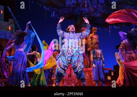 Madrid, Spain. 16th Mar, 2023. Actors during the graphic pass of the musical 'Aladdin', at the Teatro Coliseum de Madrid, on 16 March, 2023 in Madrid, Spain. The musical is based on the Disney film and produced by Stage Entertainment. The production features 84 special effects, costumes made with more than 8600 Swarovski crystals and exotic fabrics from up to 9 countries, as well as a team of more than 140 professionals for each performance. The premiere is March 24. (Photo by Oscar Gonzalez/NurPhoto) Credit: NurPhoto SRL/Alamy Live News Stock Photo