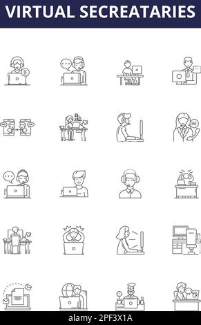 Virtual secreataries line vector icons and signs. Secretaries, Virtual Assistants, Virtual Support, Virtual Workers, Online Assistants, Digital Stock Vector