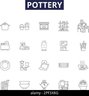 Pottery line vector icons and signs. Clay, Pot, Vase, Kiln, Molding, Casting, Wheeling, Glazing outline vector illustration set Stock Vector