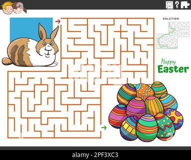 Cartoon illustration of educational maze puzzle game for children with Easter Bunny with Easter eggs Stock Vector