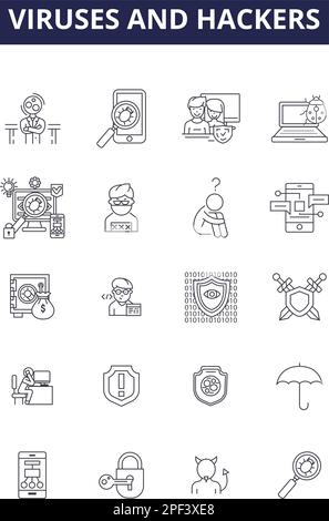 Viruses and hackers line vector icons and signs. virus, security, hacking, attack, web, computer, internet,data outline vector illustration set Stock Vector
