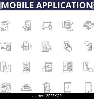 Mobile application line vector icons and signs. Mobile, Application, Smartphone, Software, Download, Games, Web, Store outline vector illustration set Stock Vector