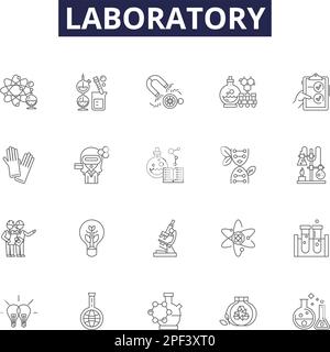 Laboratory line vector icons and signs. Experiment, Test, Research, Analysis, Chemistry, Microscope, Beaker, Study outline vector illustration set Stock Vector