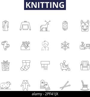 Knitting line vector icons and signs. yarn, pattern, loom, crochet, weave, wool, stitch, purl outline vector illustration set Stock Vector