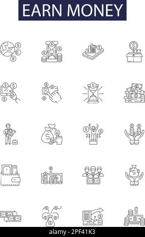 Earn money line vector icons and signs. Money, Making, Profit, Investment, Financial, Cash, Remote, Gaining outline vector illustration set Stock Vector