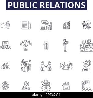 Public relations line vector icons and signs. communication, business, concept, relations, social, pr, strategy,media outline vector illustration set Stock Vector