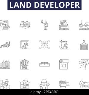 Land developer line vector icons and signs. Landlord, Investor, Broker, Constructor, Builder, Developer, Planner, Urbanist outline vector illustration Stock Vector