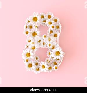 Number 8 made of natural chamomile flowers. Cute camomiles number eight. Spring flower numbers concept isolated on cute pastel pink background. Top Stock Photo