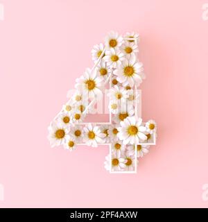 Number 4 made of natural chamomile flowers. Cute camomiles number four. Spring flower numbers concept isolated on cute pastel pink background. Top Stock Photo