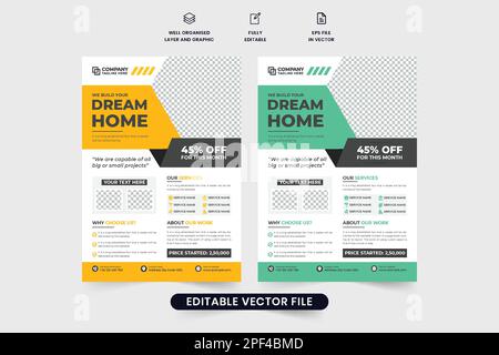 House construction business flyer design with photo placeholders. Home maintenance and repair service template vector for marketing. Real estate servi Stock Vector