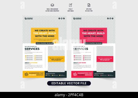 Creative construction business promotional template design with red and yellow colors. Real estate flyer design with photo placeholders for marketing. Stock Vector