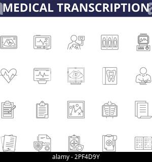 Medical transcription line vector icons and signs. Transcription, Medical, Healthcare, Recordings, Audio, Reports, Dictation, Notes outline vector Stock Vector