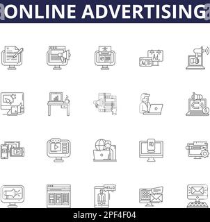 Online advertising line vector icons and signs. Advertising, Digital, Marketing, Ads, Targeted, Web, , Campaign outline vector illustration set Stock Vector