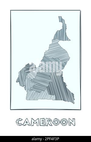 Sketch map of Cameroon. Grayscale hand-drawn map of the country. Filled regions with hachure stripes. Vector illustration. Stock Vector