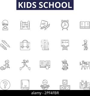 Kids school line vector icons and signs. Kids, School, Learning, Activities, Books, Teaching, Play, Homework outline vector illustration set Stock Vector