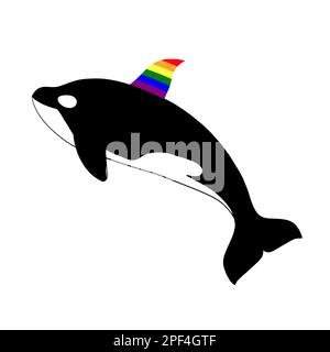 Orca killer whale with gay pride rainbow dorsal fin. Wildlife nature conservation concept. Clip art isolated on white background. Stock Photo