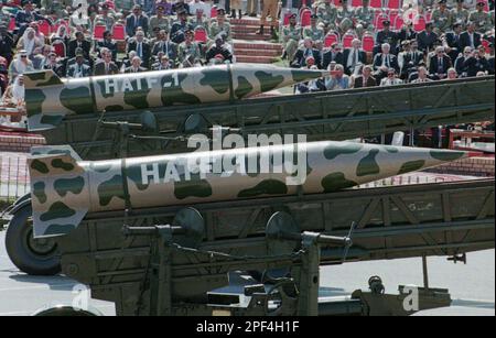 FILE ** Pakistan-made Hatf series missiles are on display at a parade in  Islamabad, Pakistan, in this March 23, 1997, file photo. Pakistan  successfully test fired a nuclear-capable surface-to-surface Hatf III
